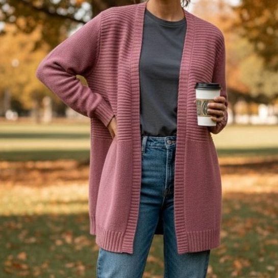 Cozy Ribbed Dusty Rose Marled Open-Front Knit Duster Cardigan Size 1x